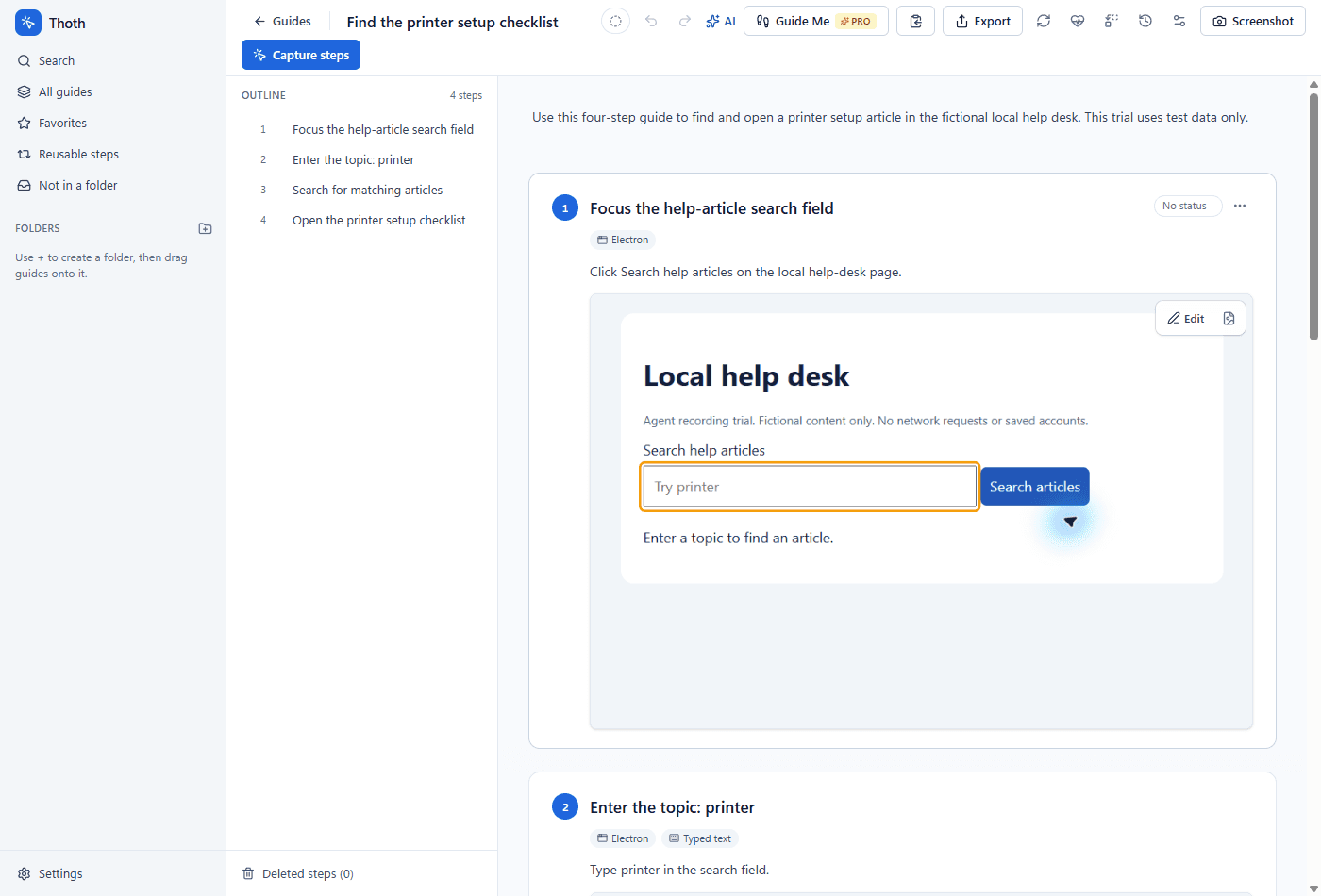 Thoth's editor with a guide outline, instructions and an annotated screenshot from a fictional help desk